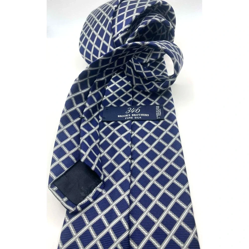 BROOKS‎ BROTHERS 346 Men's 100% Silk Necktie Designer Geometric Blue/Gray LONG